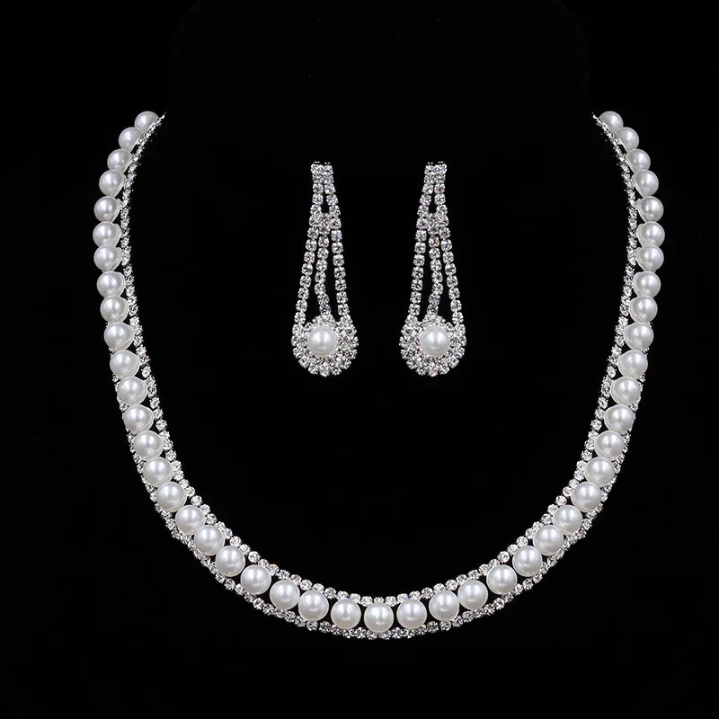 TREAZY Silver Color Pearl Crystal Bridal Jewelry Sets Wave Shape Choker Necklace Earrings Sets for Women Wedding Jewelry Sets