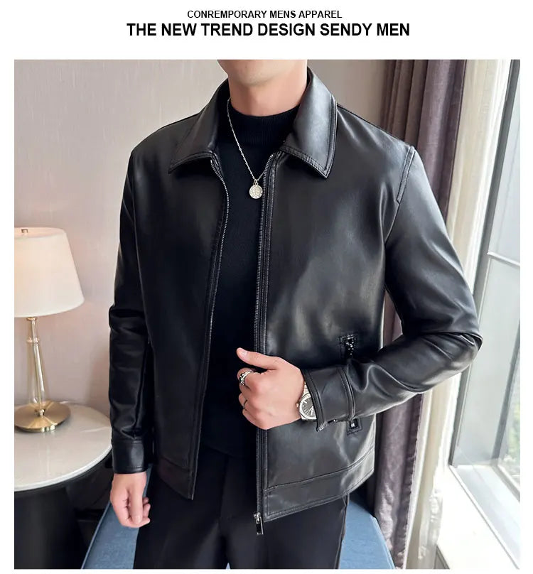 Men Bomber Leather Jacket Anti-wind Lapel Solid Casual Slim Fit Jacket