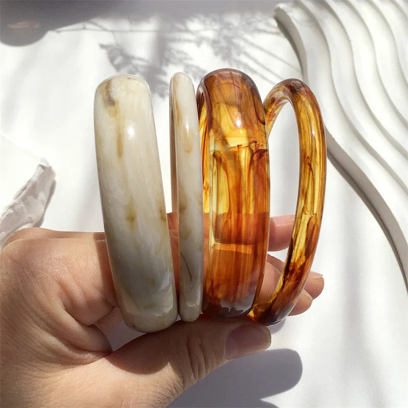 UJBOX 4-Piece Brown & Cream Marble Acrylic Resin Bracelet Bangle Set Stackable Jewelry Lightweight & Eco-Friendly Bulk Discount
