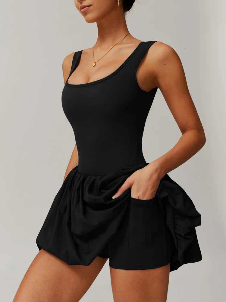 VITALINOVO Workout Tennis Dress with Built in Shorts Square Neck Padded Workout Dress with Pockets Golf Athletic Mini Dresses