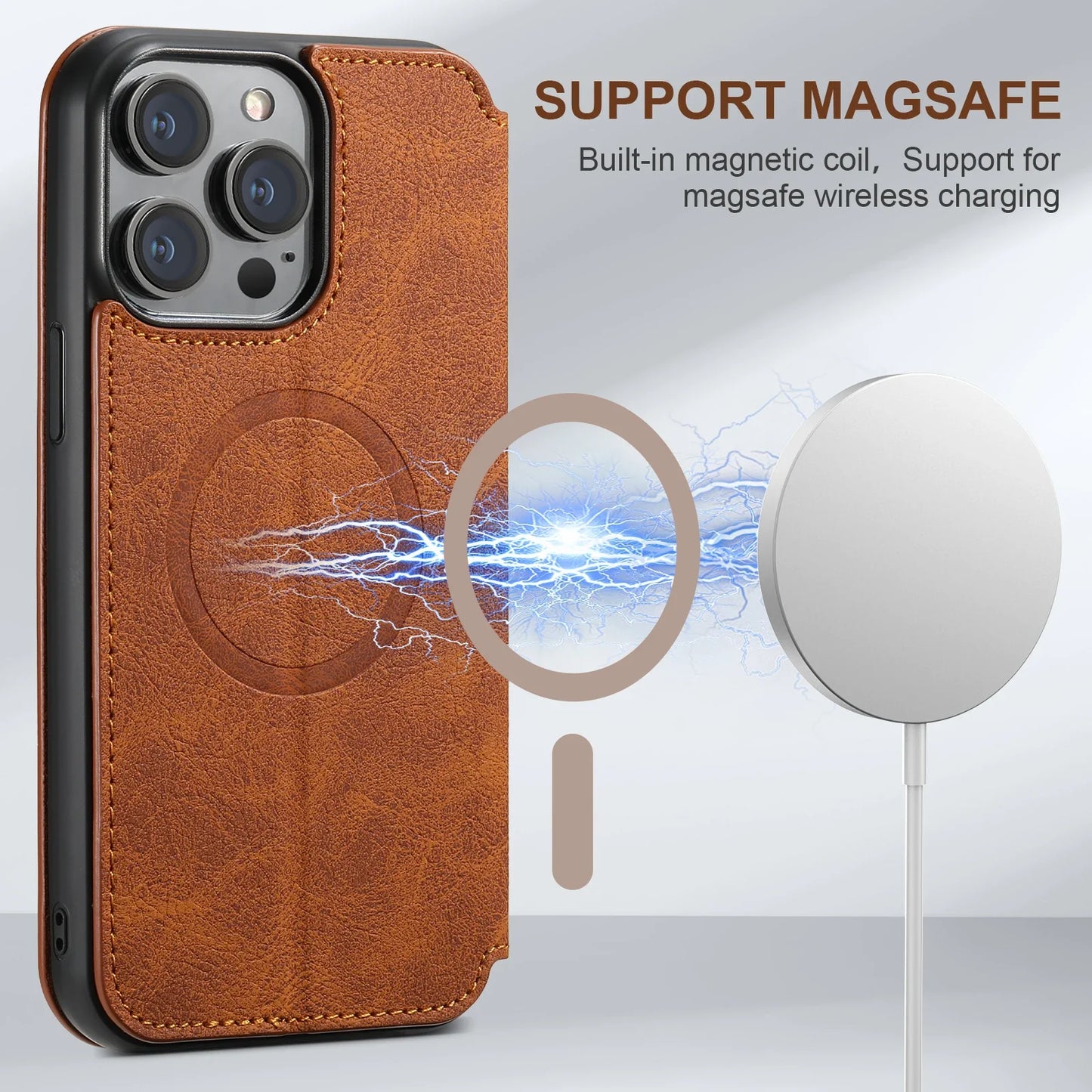 Wireless Charging Leather Phone Case For iPhone 12 13 14 15 16 Plus 17 Pro Max Flip Cover Wallet Card Holder