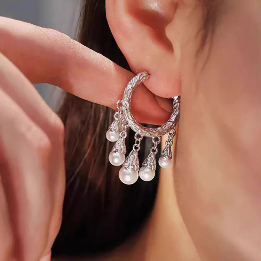 New 925 Sterling Silver Hoop Earrings Pearl Droplet Irregular Vintage Punk For Women Girl Gift Jewelry Dropshipping Wholesale