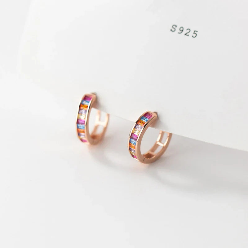 WANTME 925 Sterling Silver Fashion European Colored Zircon Circle Huggies Hoop Earrings for Women Elegant Gold Wedding Jewelry