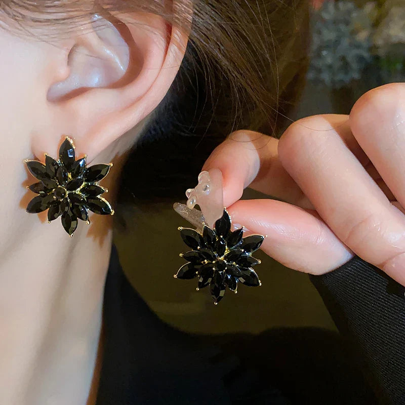 Rhinestone Flower Earrings for Women Korea Simple Sweet Stud Earrings Luxury High-grade Solid Color Charm Jewelry Girls Gift