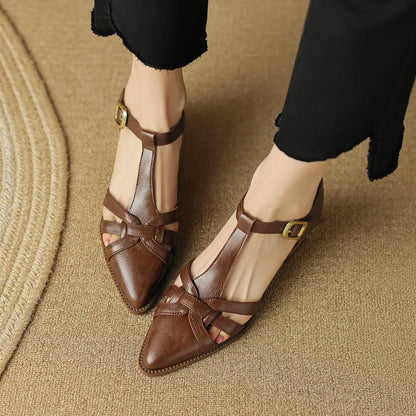 QUTAA 2023  Genuine Leather Women Sandals T-Strap Pumps Office Ladies Party Thick Med Heels Shoes Woman Summer Size 34-41