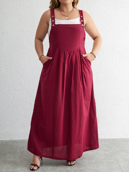 Plus Size Cotton Dress Woman 2024 Summer Sleevless Solid Casual Strap Tank Dress Red Pockets Big Curvy Size Maxi Long Dresses