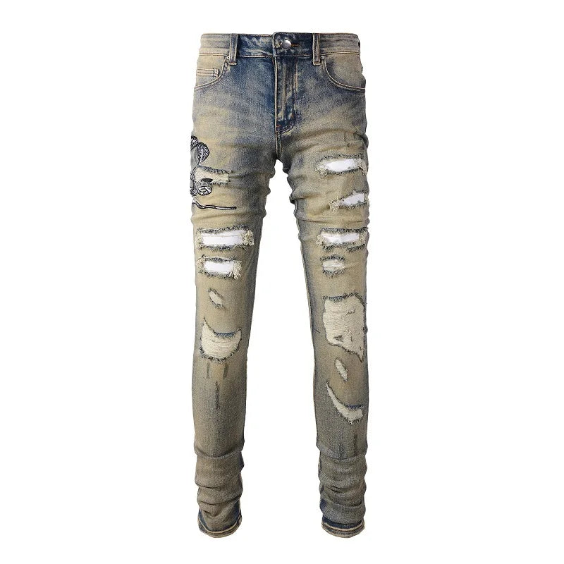 Men Snake Embroidery Denim Jeans Vintage Blue Snakeskin Leather Patch Stretch Pants