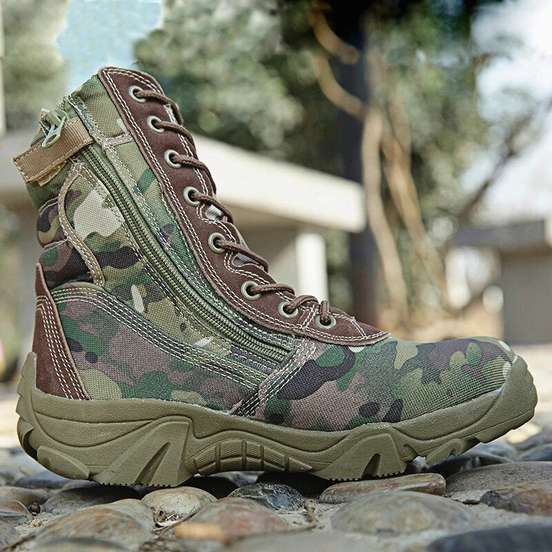 Men's Military Tactical Boots High Top Canvas Round Toe Zipper Lace Up Combat Army Boot