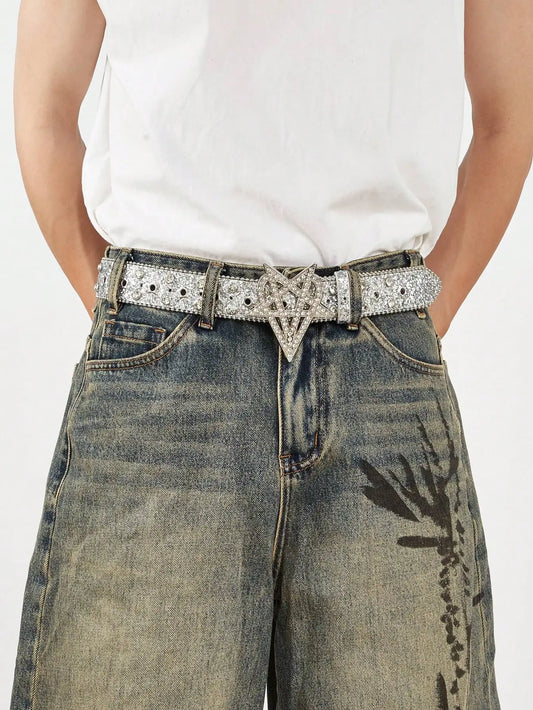 1pc Men's Y2K Punk Six-pointed Star Rhinestone Buckle Glitter Rhinestone Belt, A Versatile Belt To Match Jeans