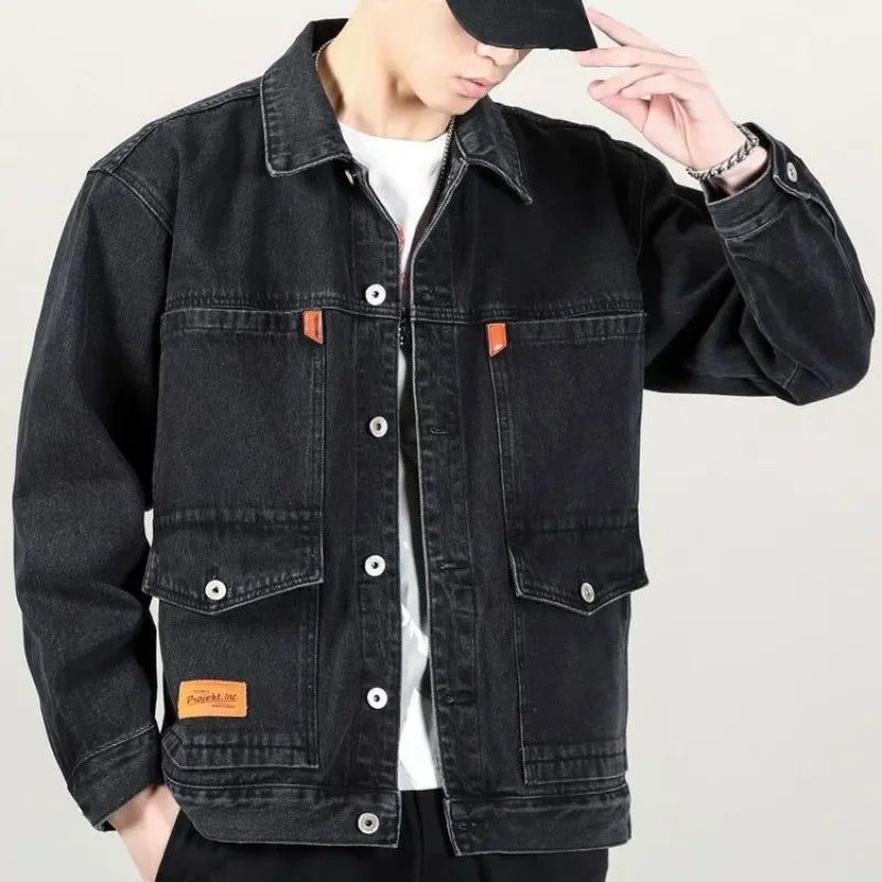 Denim Jacket Padding Wool Male Jean Coats Elatic Black with Sheep Padded Warm Shoulders