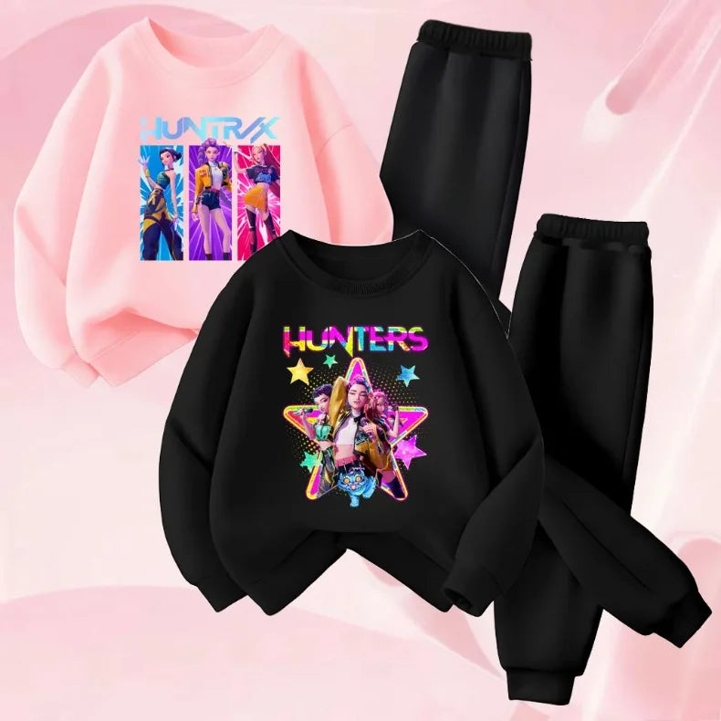 K-POPcartoon Printed Spring Autumn Girls O Neck Hoodies Sets Children Sweatshirt Sweatpant 2pcs Suit Kids Casual Pullover Set