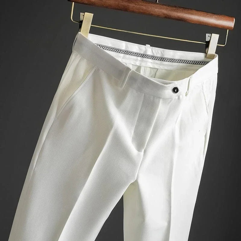 Slim Fit 9 Cropped Male Suit Trousers White Men's Summer Pants Tressed Luxury