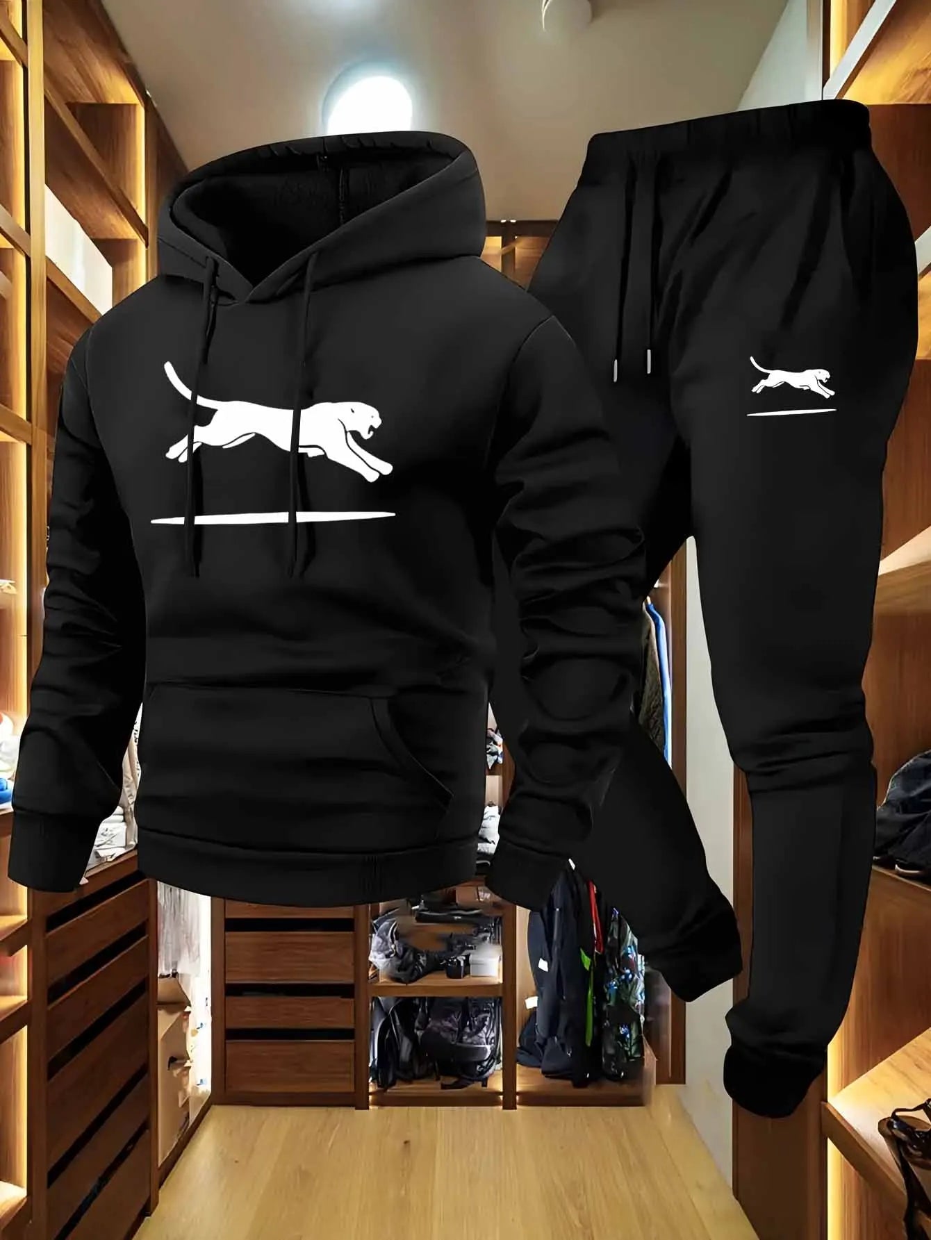 Casual Cargo Sweatshirt & Jogger Set Black White Leopard Print Soft Comfort Fabric Loose Fit Hooded Pullover Multiple Pockets