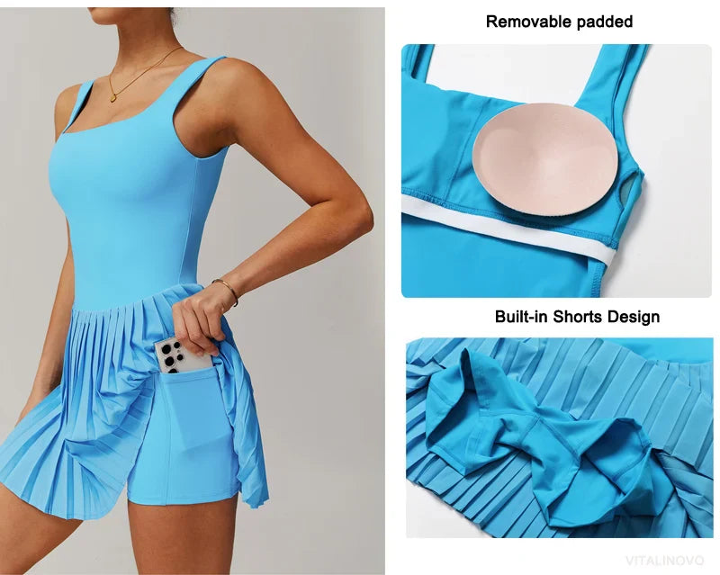 VITALINOVO Workout Tennis Dress with Built in Shorts Square Neck Padded Workout Dress with Pockets Golf Athletic Mini Dresses