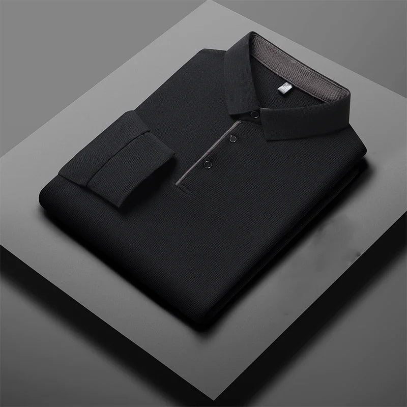 New Men's Business Casual  Long Sleeve Solid Color Polo Shirt Fashionable Warm Comfortable Four Seasons Versatile Top