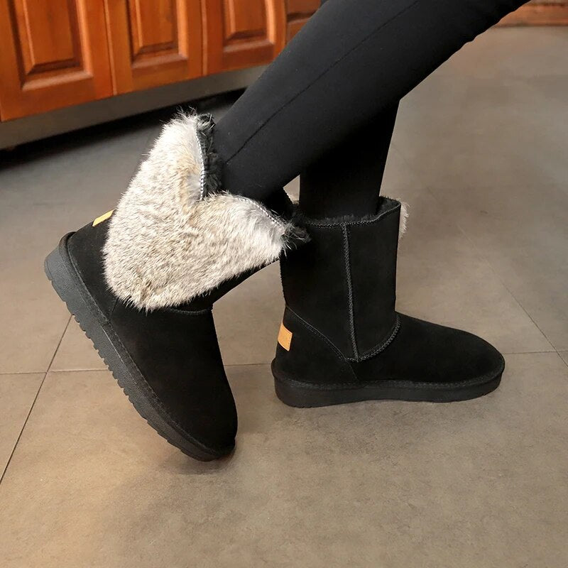 n Winter Warm Shoe Women Snow Boots Shoes Woman Genuine Leather Wool Blend Fur Ankle Boot Fashion Casual Flat Booties