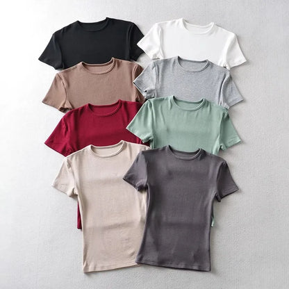 Casual Summer Woman Skinny Fit T-shirt Tight Short-Sleeve O-neck Tee Basic Solid Crop Tops T Shirt