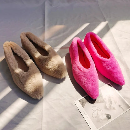 Fashion Pointed Toe Fur Ballet Flat Woman Winter Warm Plush Shallow Loafer Ladies Concise Furry Heeled Dress Shoes Zapatos Mujer