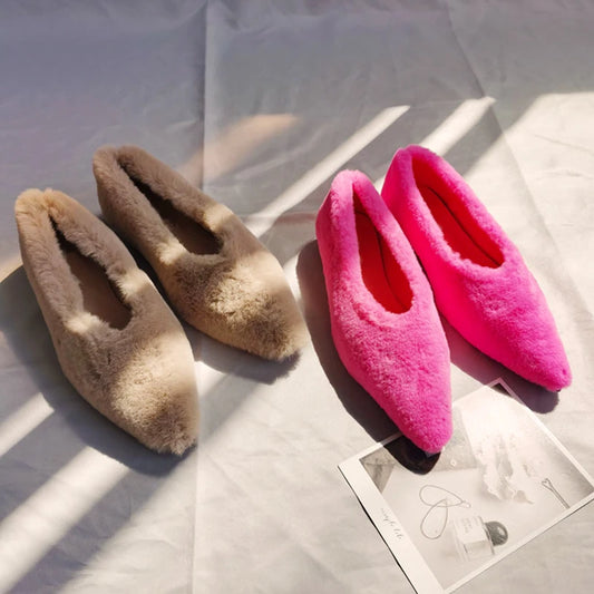 Fashion Pointed Toe Fur Ballet Flat Women Winter Warm Plush Shallow Loafer