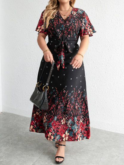 Plus Size Casual Dress Woman 2023 Summer V Neck Short Sleeve Floral Print Long Dress Black Curvy Size Women Clothing