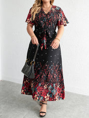 Plus Size Casual Dress Woman Summer V Neck Short Sleeve Floral Print Long Dress Black