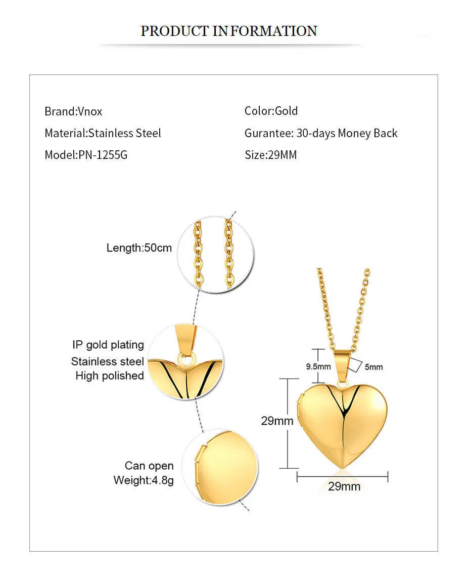 Vnox Light Heart Locket Pendants for Women Men Openable Photo Frame Glossy Stainless Steel Necklaces Family Love Collar
