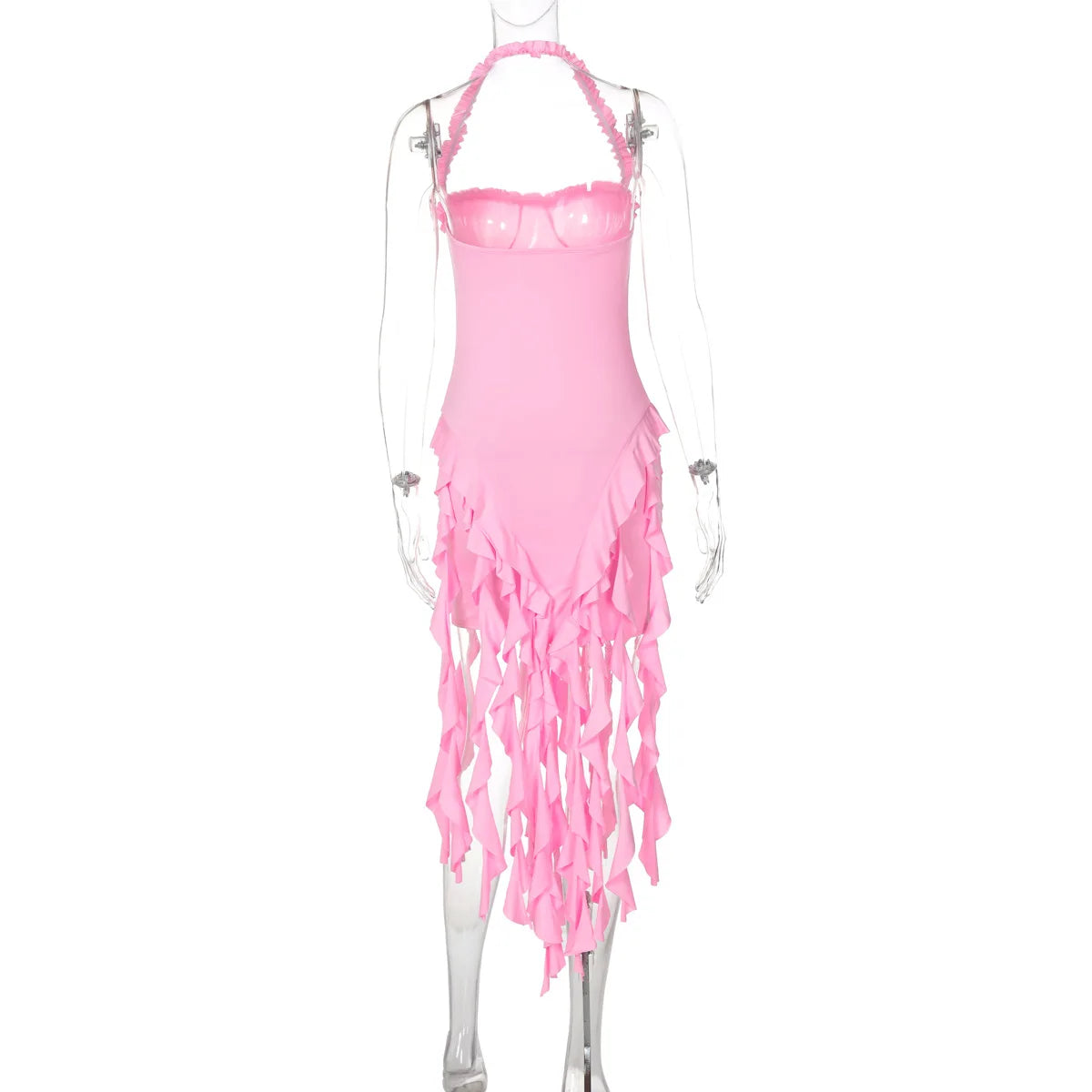 Hugcitar Elegant Halter Solid Ruffles Backless Taseel Sexy Slim Mini Dress Spring Women Cute Outfits Birthday Party Vacation