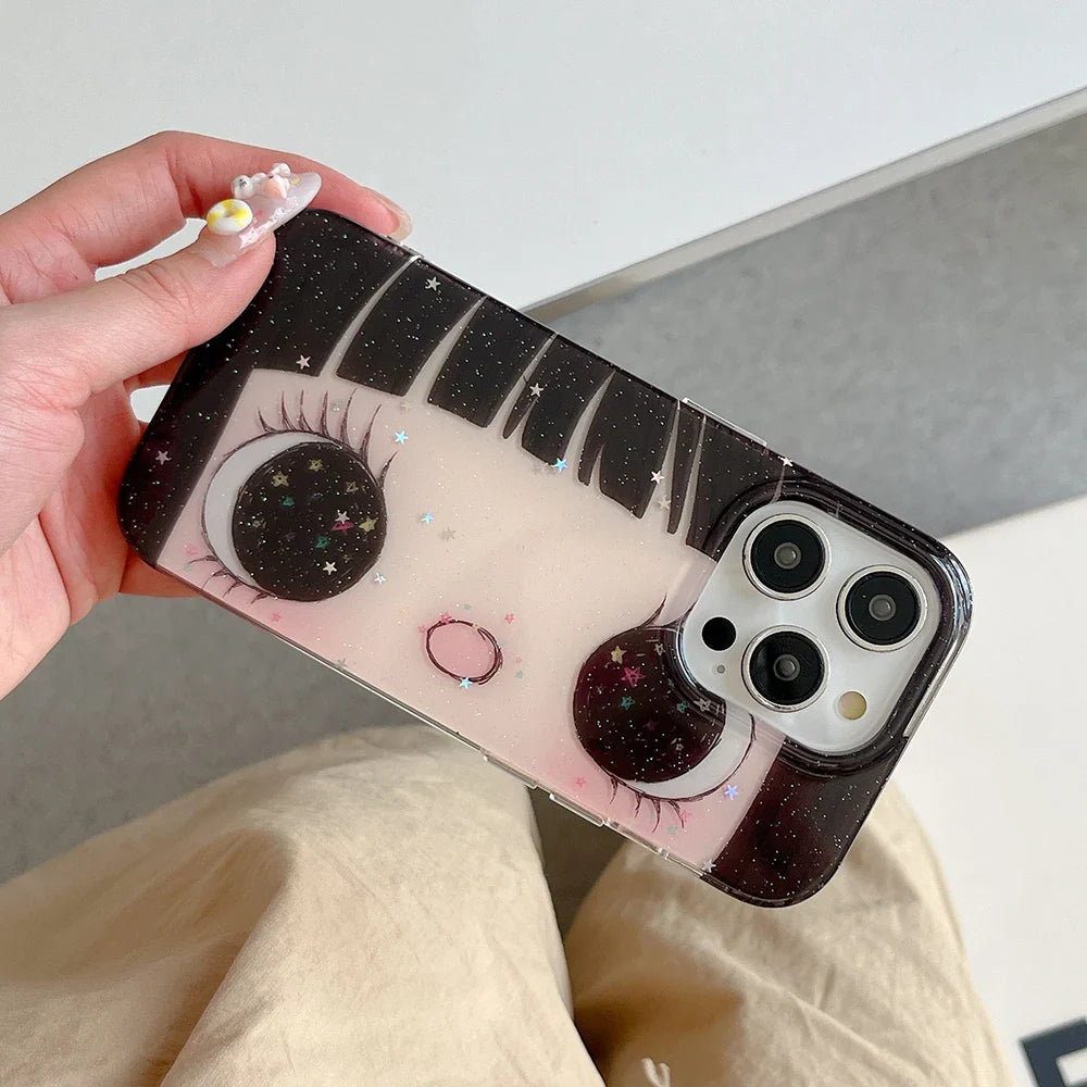 Cartoon Anime Shinning Eyes Cute Phone Case for IPhone 17 16 15 14 13 Pro Max Girl Glittering Big Eyes Back Phone Cover Capa