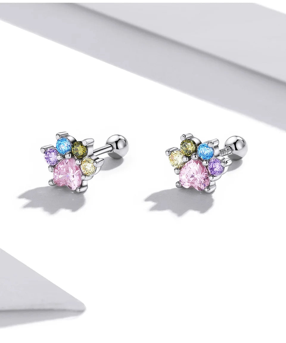 WOSTU 925 Sterling Silver Animals Cute Paws Rainbow Stud Earrings For Women Heart Oval Flower Zircon Crab Ear Studs Jewelry Gift