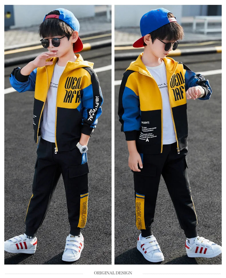 2026 winter spring Tracksuit Clothes Boys Teenager Kids zipper splicing Child set jacket hooded + striped Pant 8 9 10 11 12 year