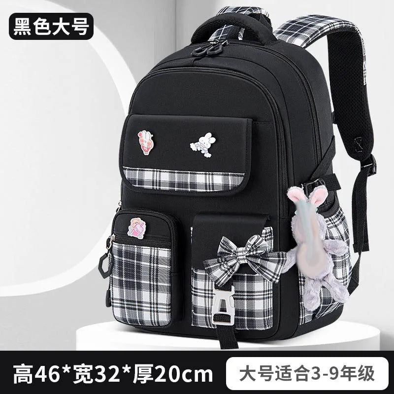 Protecting The Spine Ergonomics Elementary School Students Girls Checkered Backpack Large Capacity Lightweight Waterproof