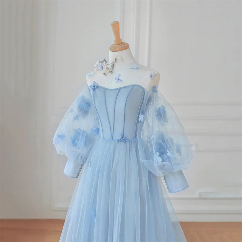 Homecoming Dresses: Sky Blue Tulle Prom Dress Long Sleeve Party Dress A-Line