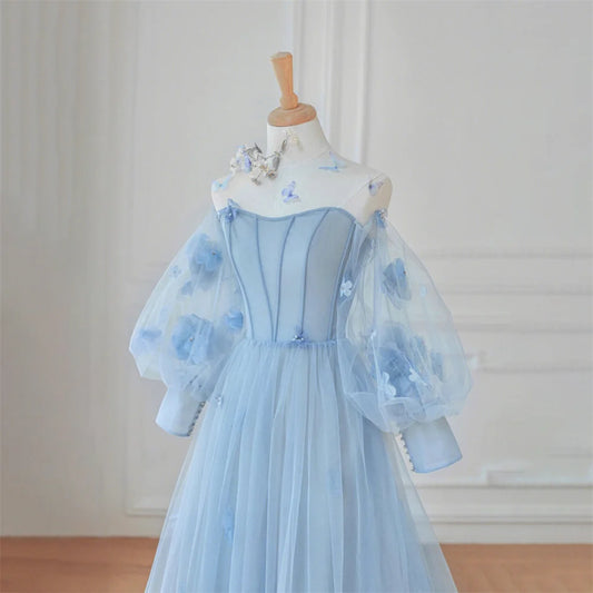 Sky Blue Tulle Prom Dress Long Sleeve Party Dress A-Line Celebrity Gowns