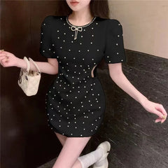 French Temperament Diamond Hollow Out Dress Women Round Neck Bow Bubble Sleeve