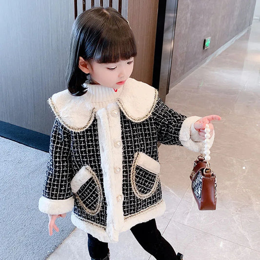 Bear Leader Little Girls Clothing 2023 Winter Warm Coat Korean Children Sweet Princess Style Mid-length Swallow Gird Jacket