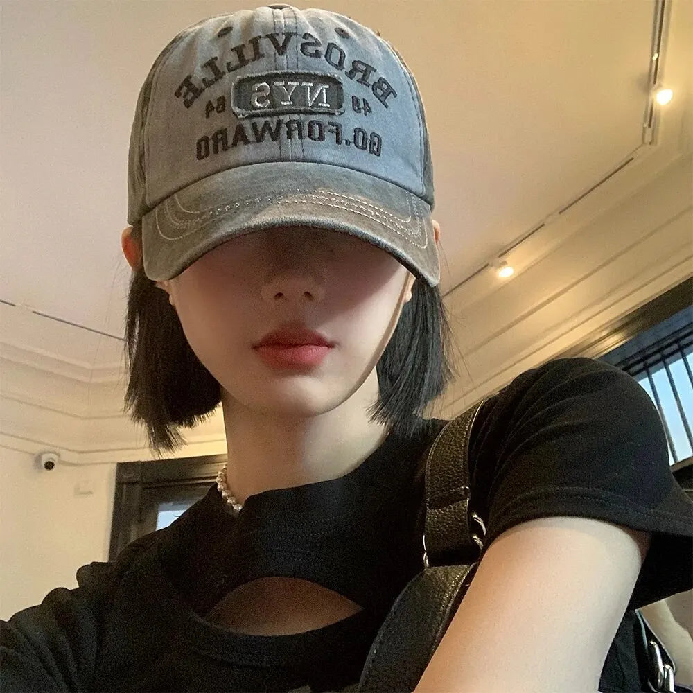 American Retro Baseball Hat Women's Soft Top Letter Washed Cowboy Duck Tongue Hat Wide Brim Big Head Surrounding Face Small Hat