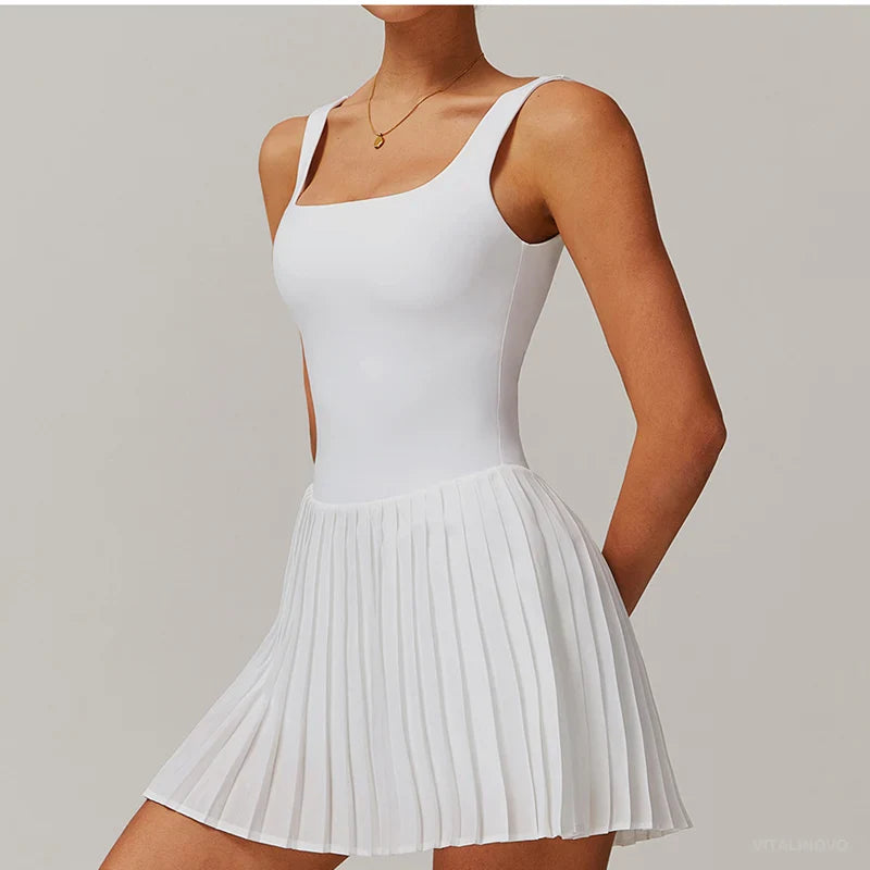 VITALINOVO Workout Tennis Dress with Built in Shorts Square Neck Padded Workout Dress with Pockets Golf Athletic Mini Dresses