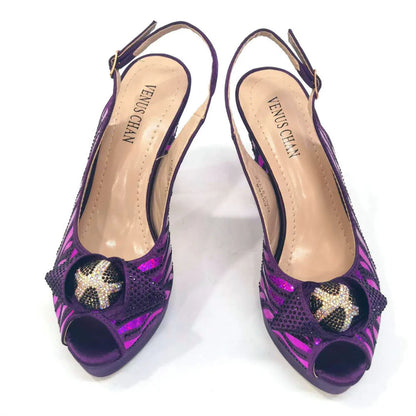 Hot Selling High Quality Comfortable Heels Ladies Mature Style Shoes Matching Bag Set in Purple Color For Party