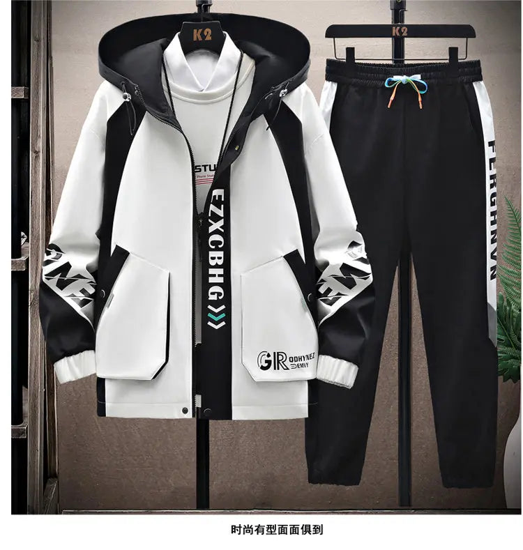 Spring Autumn Casual Men Sets Jacket + Pants Two Pieces Fashion Korean Trend Hooded Baseball Uniform Suit Man Outfit