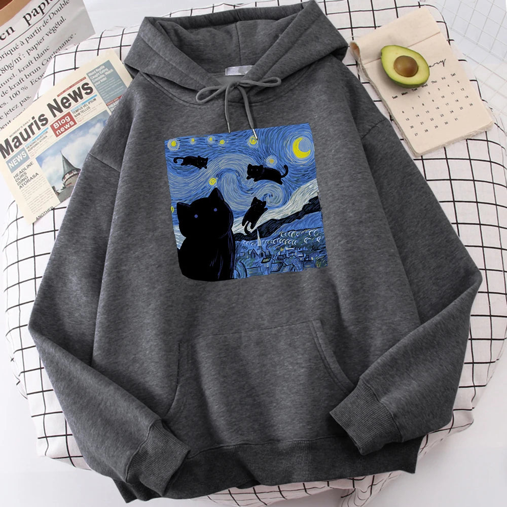The Starry Cat Night Printing Hoodies Men Autumn Oversize Hoodie Fashion Fleece