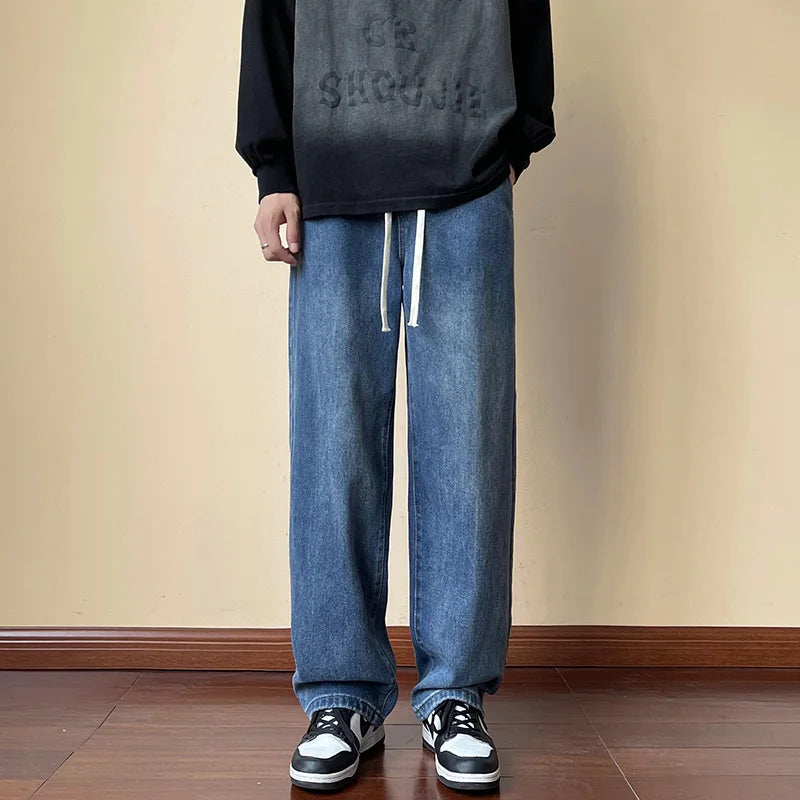 Streetwear Men's Elastic Waist Wide Leg Baggy Jeans Korean Fashion