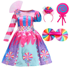 Girls Birthday Lollipop Fantasy Dress Children Carnival Rainbow Candy Costume