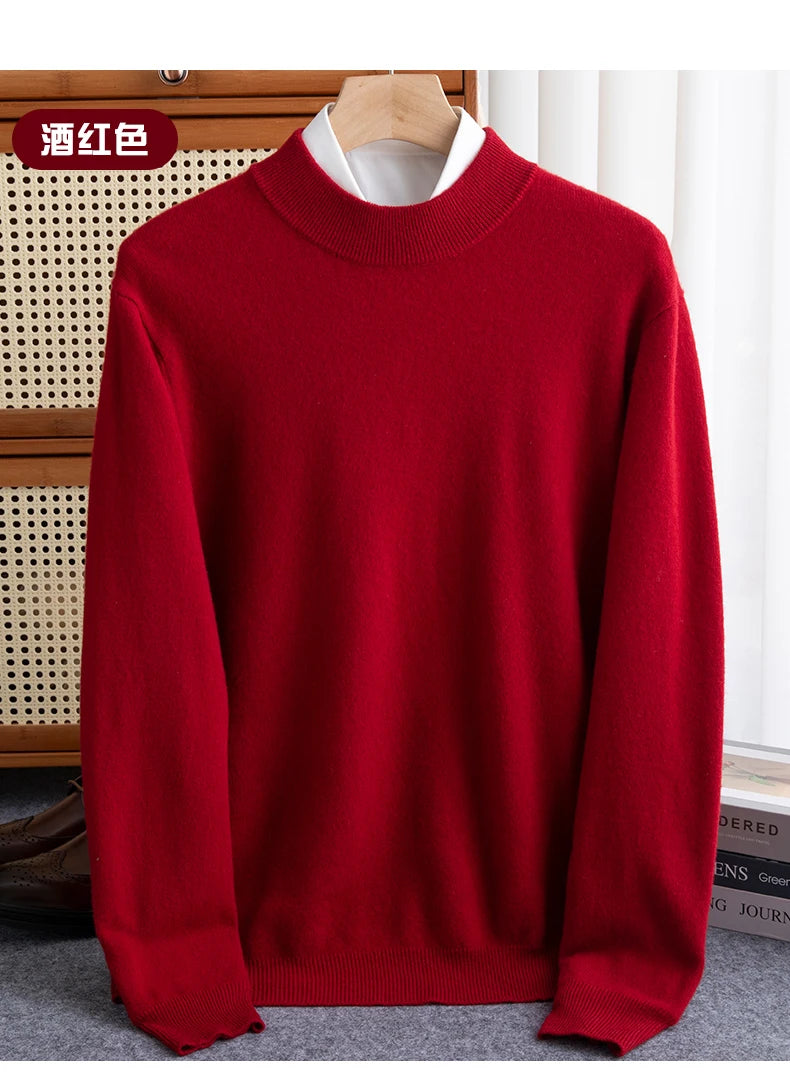 Fashion Men's 100% Wool Pullover Half-high Collar Sweater Autumn Winter Warm Top