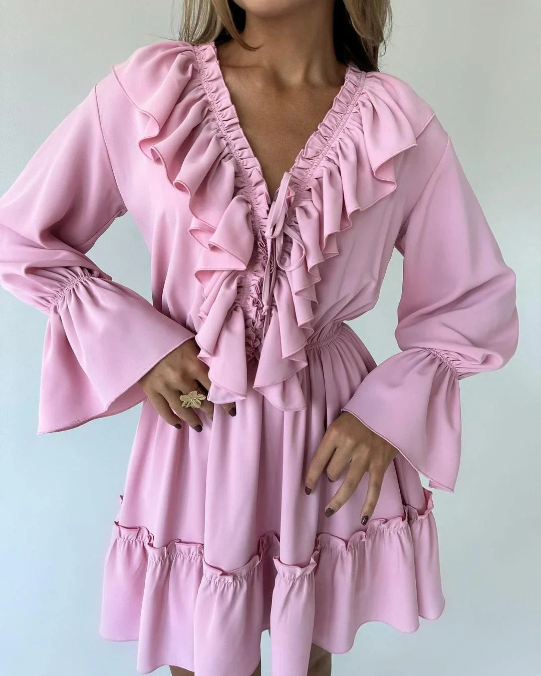 Talenza White Ruffle Bandage Mini Dress Women's Elegant Patchwork Long Sleeve Dress New Slim V Neck Lace Up Summer Mini Dress