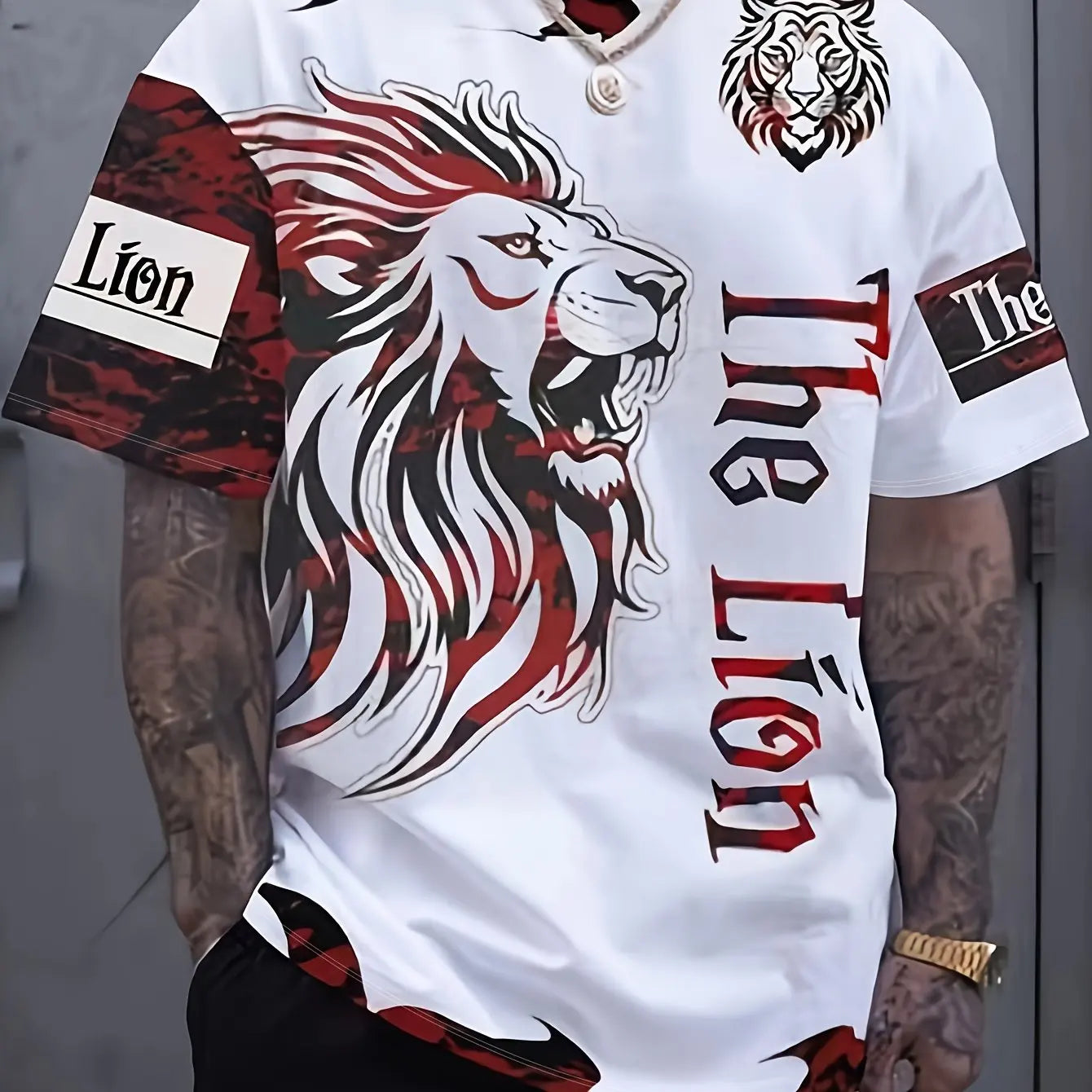 Lion and Crown Cool 3D Graphic Printing Men's Novelty Short Sleeve Round Neck T-shirt, Summer Outdoor