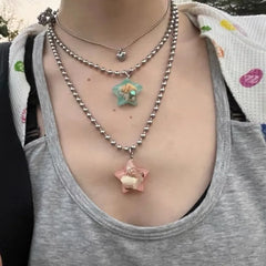 Sweet Cool Jelly Shell Resin Star Pendant Metal Beaded Necklace for Women Korean