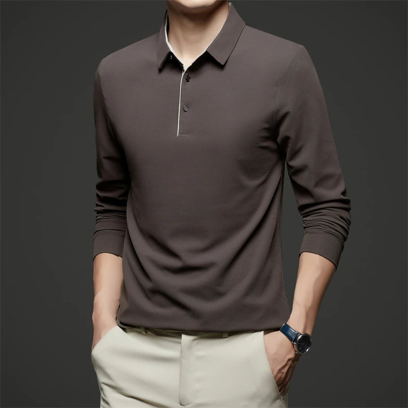 New Men's Business Casual  Long Sleeve Solid Color Polo Shirt Fashionable Warm Comfortable Four Seasons Versatile Top