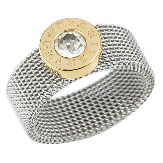Gold Color Stainless Steel Ring Big Round Crystal Mesh Finger Ring Roman