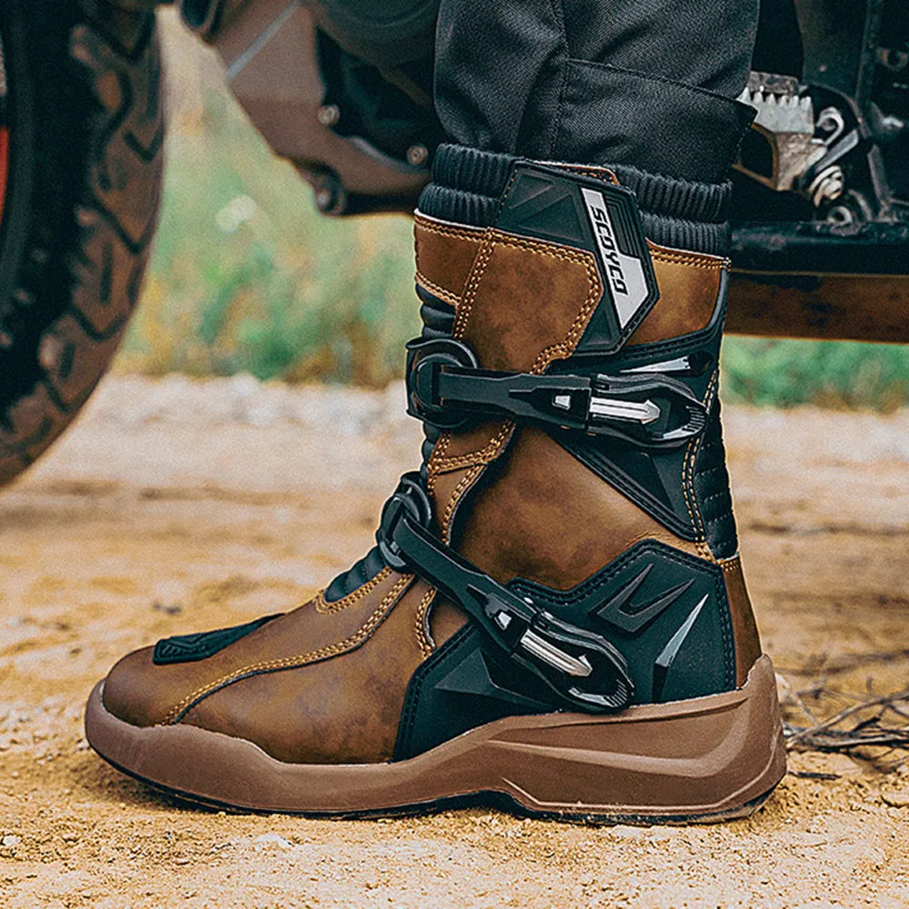 SCOYCO Cowhide Motocross Boots Waterproof Motorcycle Boots Men Riding Racing Moto Shoes Wearable Botas Moto Motorbike Shoes