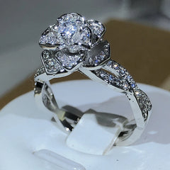 925 Sterling Silver InterTwined Three-Dimensional Rose Ring White Zircon Full Diamond